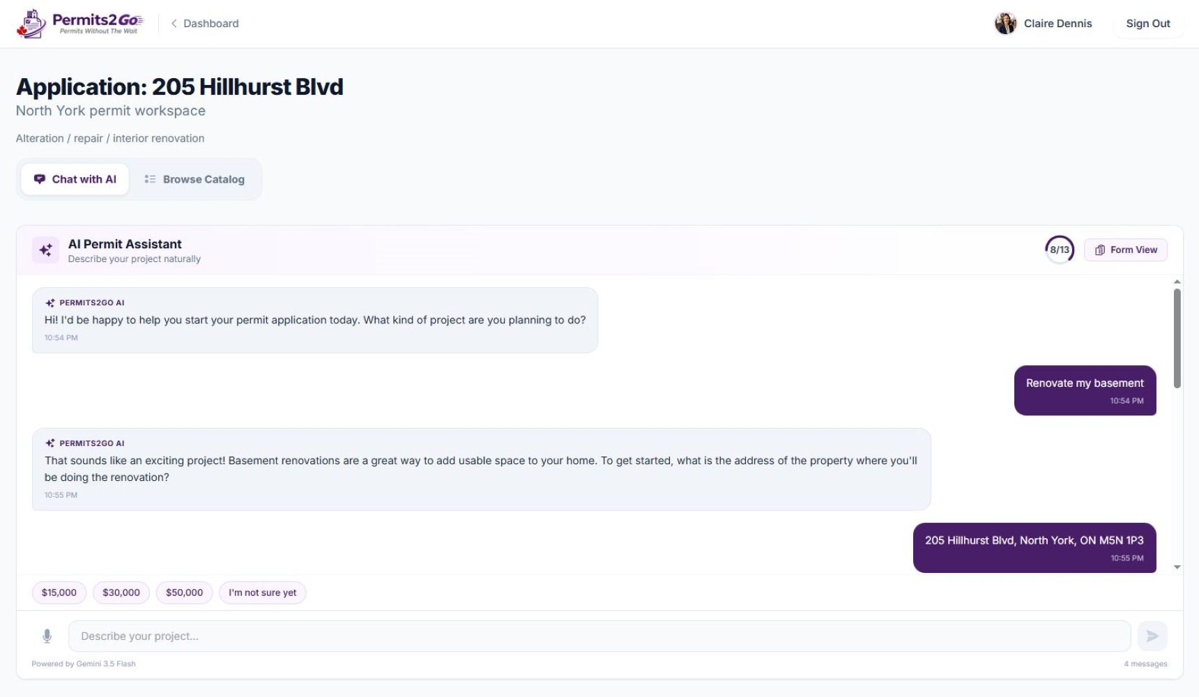 The AI permit assistant chat inside an application: the user describes a basement renovation and gives the property address, and the assistant asks for what it needs next