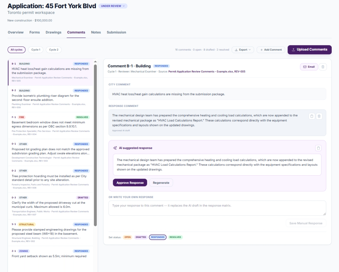 The Comments tab: city review comments with their status and a drafted response ready to approve