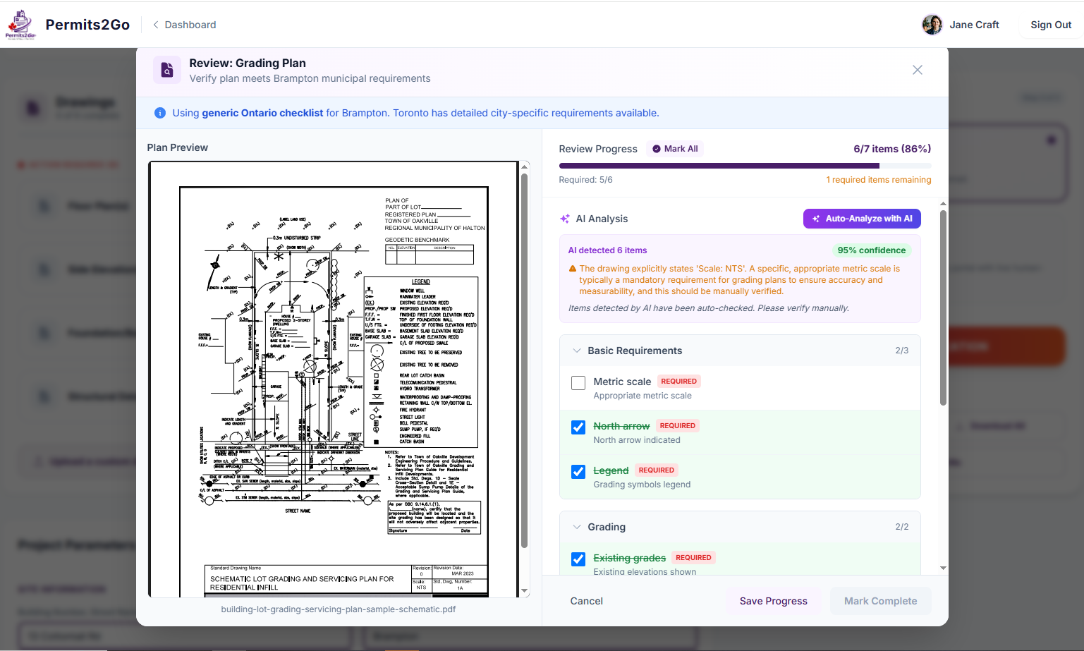 AI reviewing a grading plan drawing against municipal requirements with a checklist and confidence score