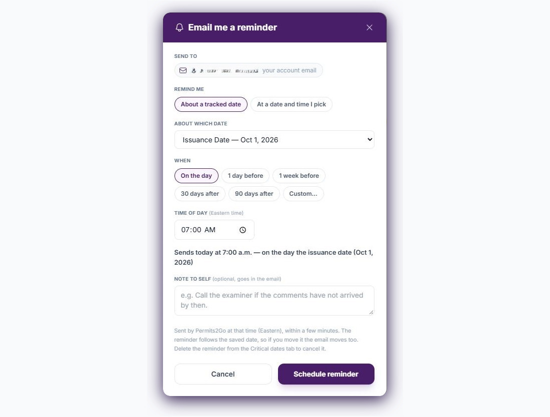 The Email me a reminder dialog: pick a tracked date such as the issuance date, choose on the day, a week before or 90 days after, and set a time of day