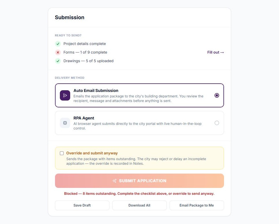 The Submission tab: a ready-to-send checklist, a choice between auto email submission and the RPA agent, and the Submit Application button